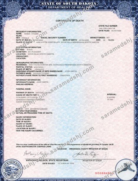USA South Dakota state death certificate template in PSD format